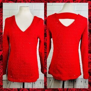 Jennifer Lopez Red Sequin V-Neck Keyhole Sweater - Size Large